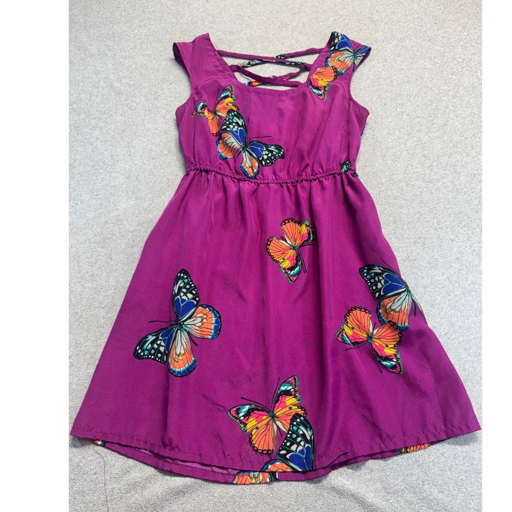 Xhilaration Butterfly Dress Womens S Purple Sleeveless Criss Cross Back Sundress